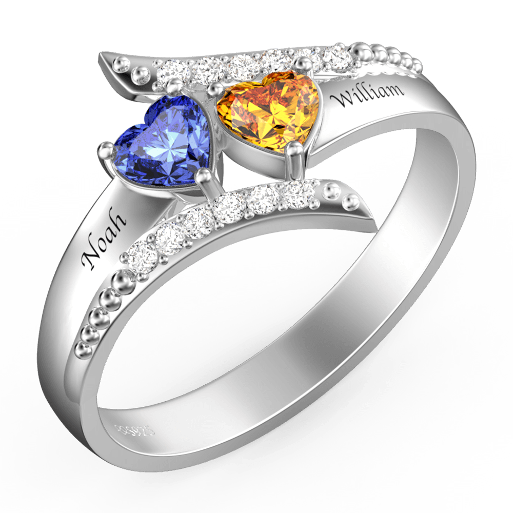 Double Row Diamonds Heart Birthstone Promise Ring Engraved Name Silver