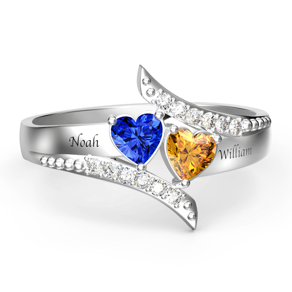 Double Row Diamonds Heart Birthstone Promise Ring Engraved Name Silver