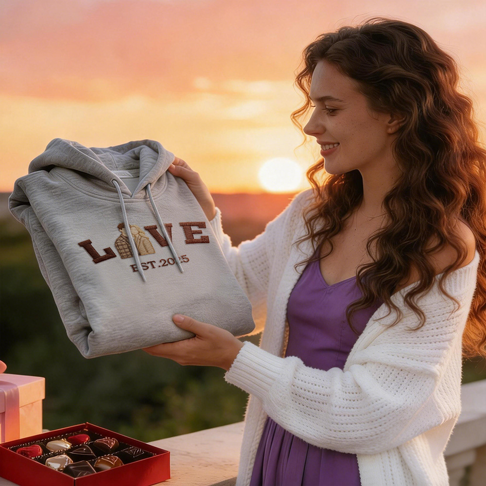 Personalisiertes Sweatshirt/hoodie Mit Besticktem Foto Eines Paares Mit Dem Aufdruck „love Est. Year" - namenecklacede