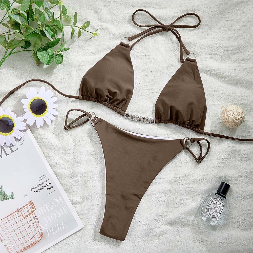 Benutzerdefinierte Name Ring Schnalle Dreieck Bikini Sets Personalisierte Sexy Diy Kristall Buchstaben Bikini - ihrenamenskettede