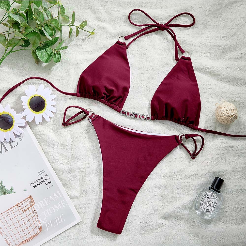 Benutzerdefinierte Name Ring Schnalle Dreieck Bikini Sets Personalisierte Sexy Diy Kristall Buchstaben Bikini - ihrenamenskettede
