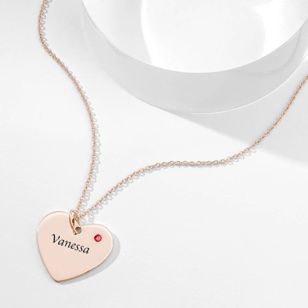 Heart Tag Personalized Birthstone Necklace With Engraving Rose Gold Plated Silver