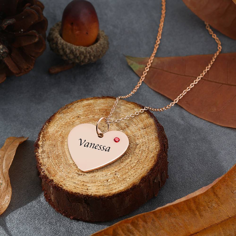 Heart Tag Personalized Birthstone Necklace With Engraving Rose Gold Plated Silver