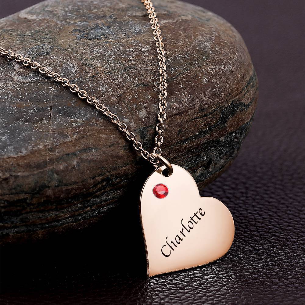 Heart Tag Personalized Birthstone Necklace With Engraving Rose Gold Plated Silver