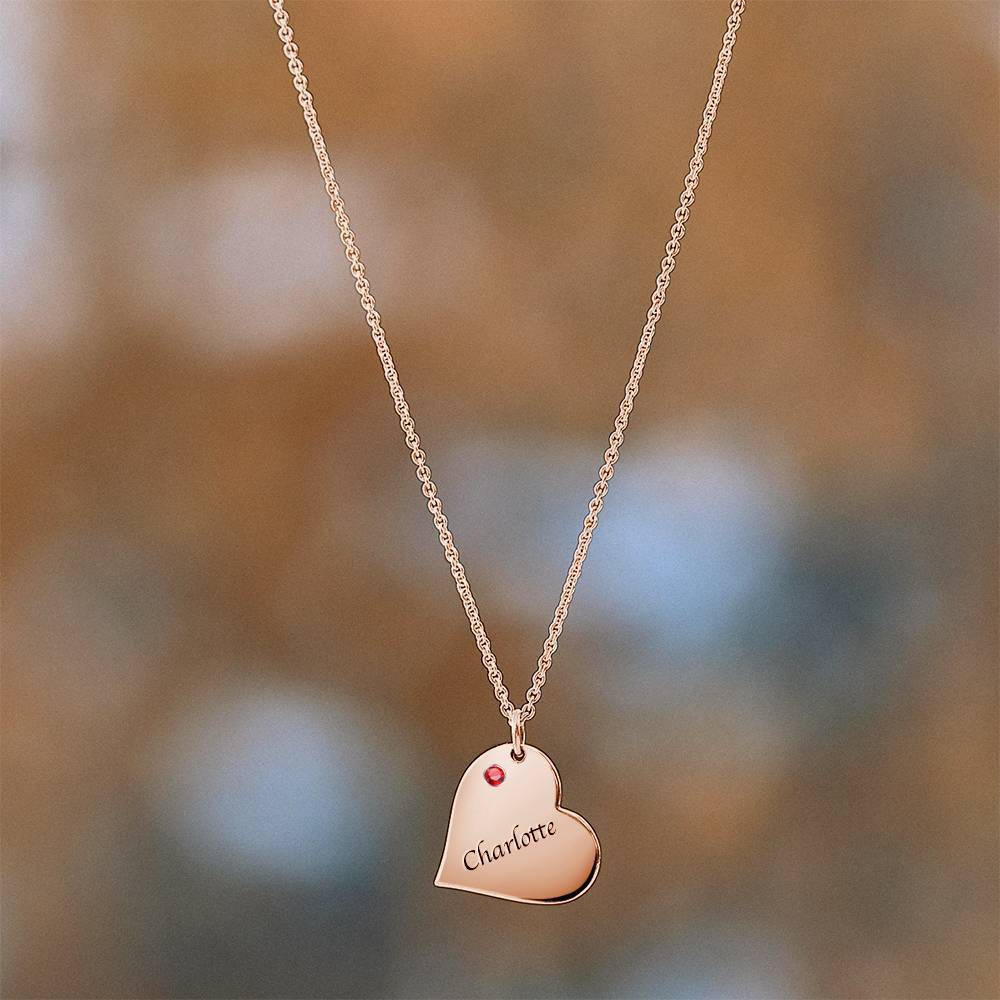 Heart Tag Personalized Birthstone Necklace With Engraving Rose Gold Plated Silver