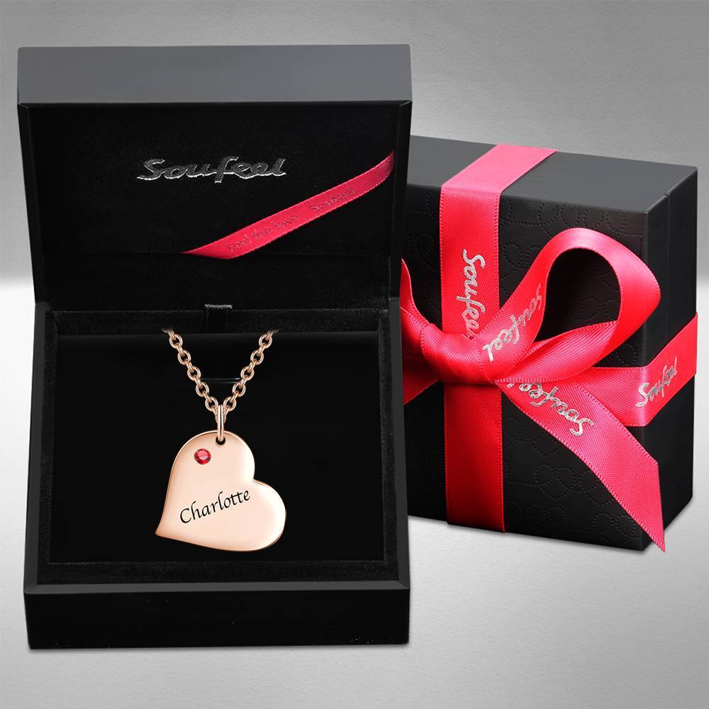 Heart Tag Personalized Birthstone Necklace With Engraving Rose Gold Plated Silver