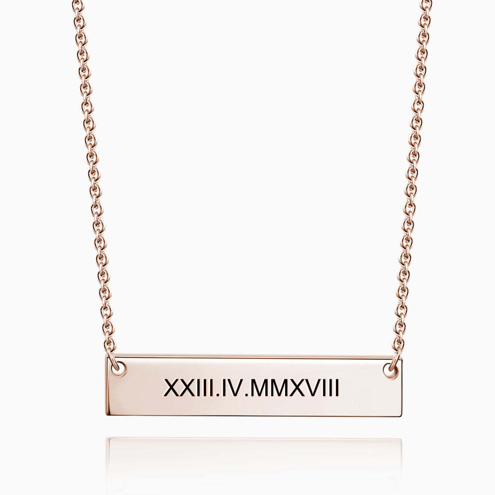 Engraved Roman Numeral Bar Necklace Rose Gold Plated Silver