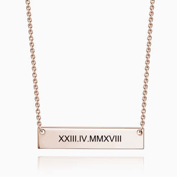 Engraved Roman Numeral Bar Necklace Rose Gold Plated Silver