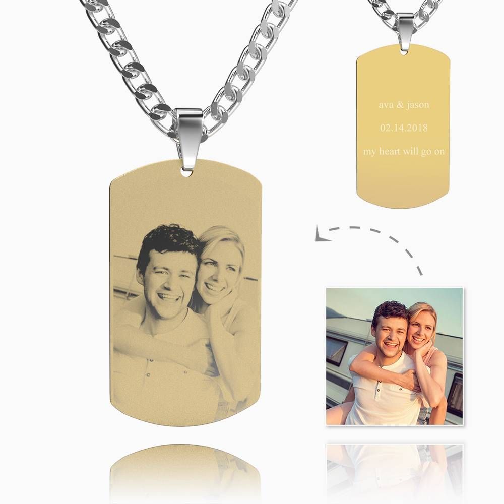 Foto Graviert Tag Halskette Mit Gravur 18K Gold Plattiert Edelstahl
