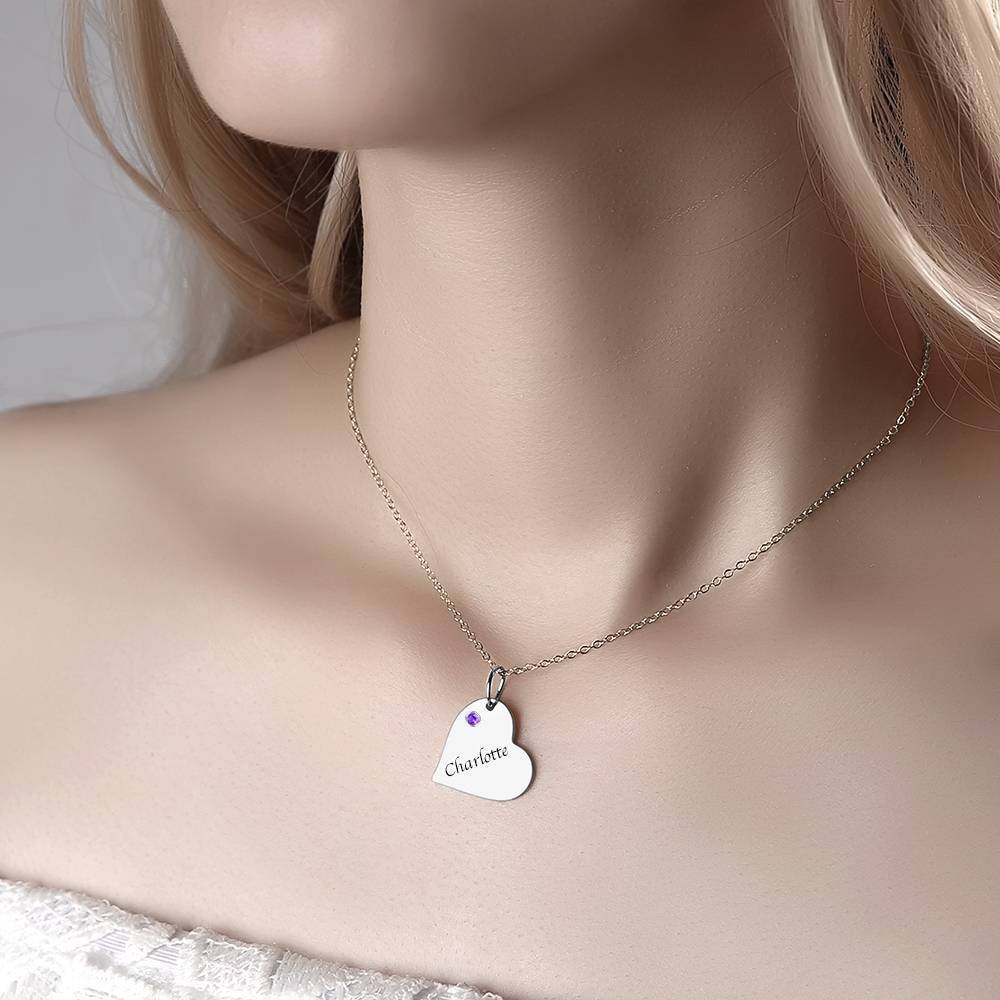 Heart Tag Personalized Birthstone Necklace With Engraving Silver