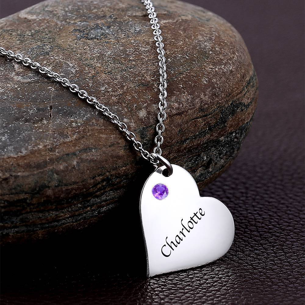 Heart Tag Personalized Birthstone Necklace With Engraving Silver