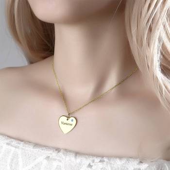 Heart Tag Personalized Birthstone Necklace With Engraving 14k Gold Plated Silver