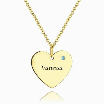 Heart Tag Personalized Birthstone Necklace With Engraving 14k Gold Plated Silver