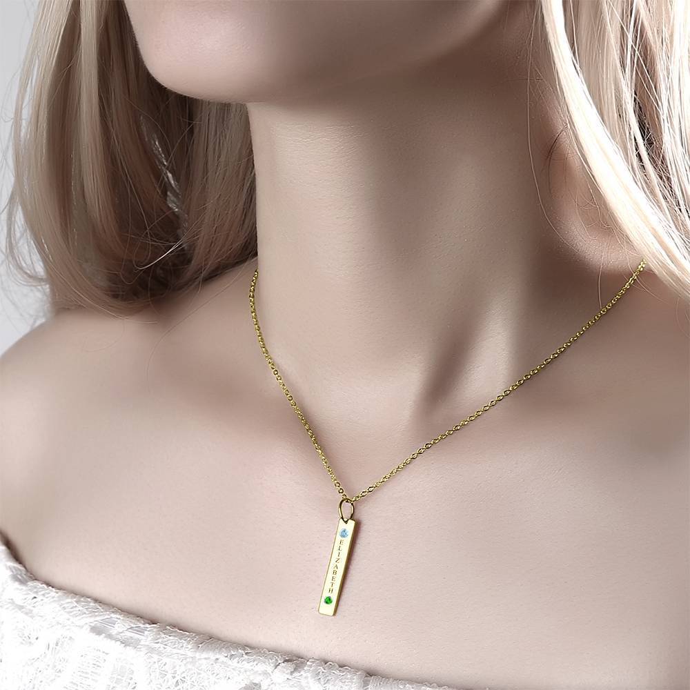 Personalized Birthstone Vertical Bar Necklace With Engraving 14k Gold Plated Silver