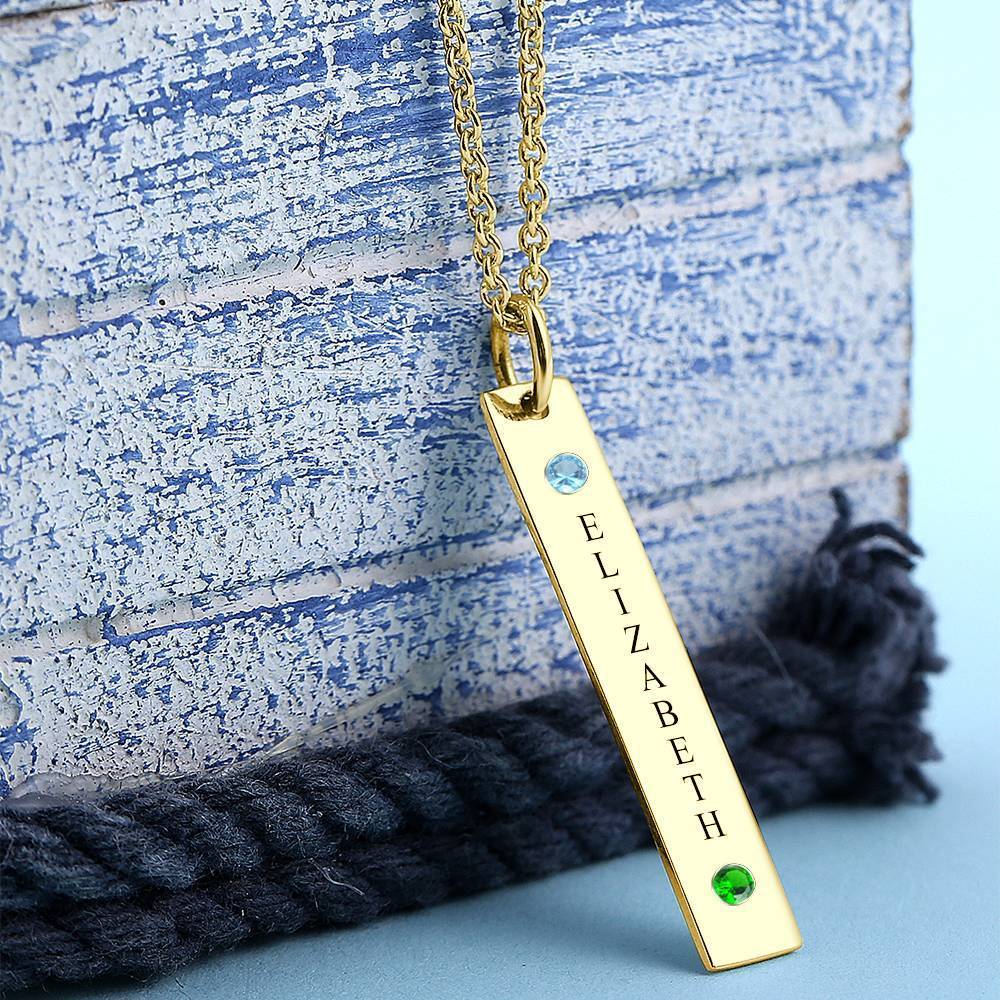 Personalized Birthstone Vertical Bar Necklace With Engraving 14k Gold Plated Silver