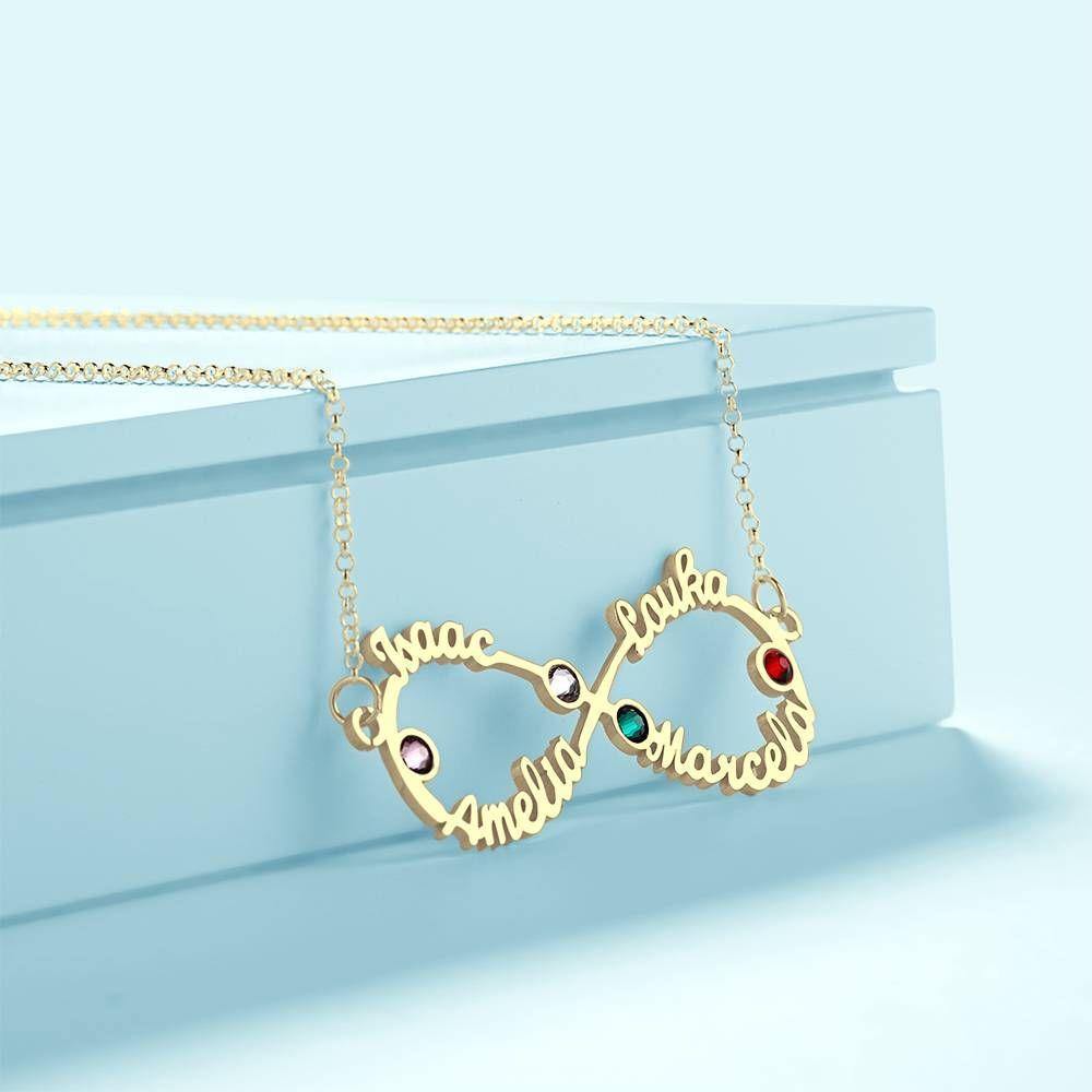 Namenshalskette Mit Geburtsstein Unendliche Halskette Vier Namen Vier Geburtssteine 14K Gold Plated - Silber