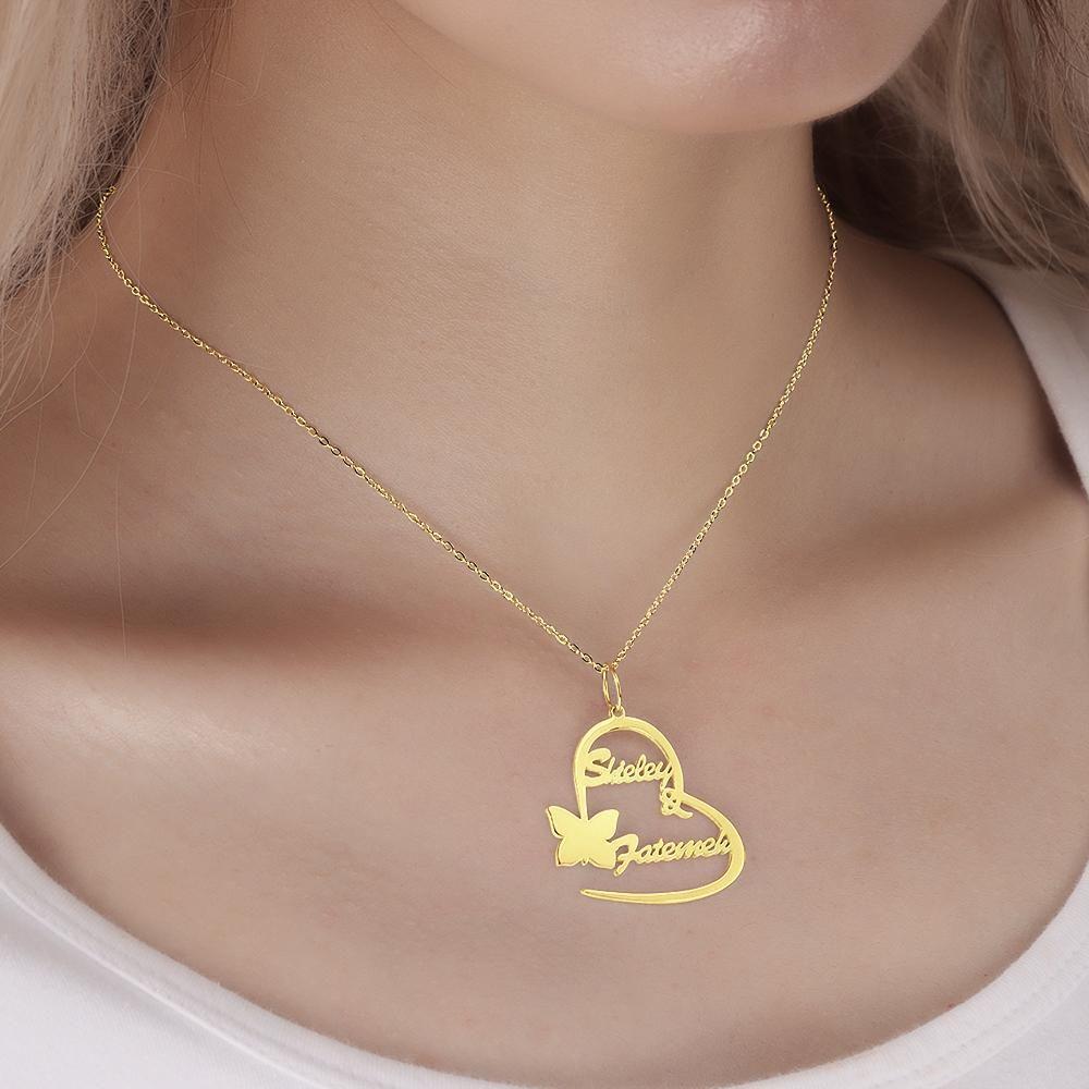 Namenshalskette Pärchenhalskette Herzform Mit Kleinem Schmetterling 14K Vergoldet