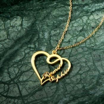 Überlappendes Herz Mit Zwei Namen, Silber 14K Gold Plattiert