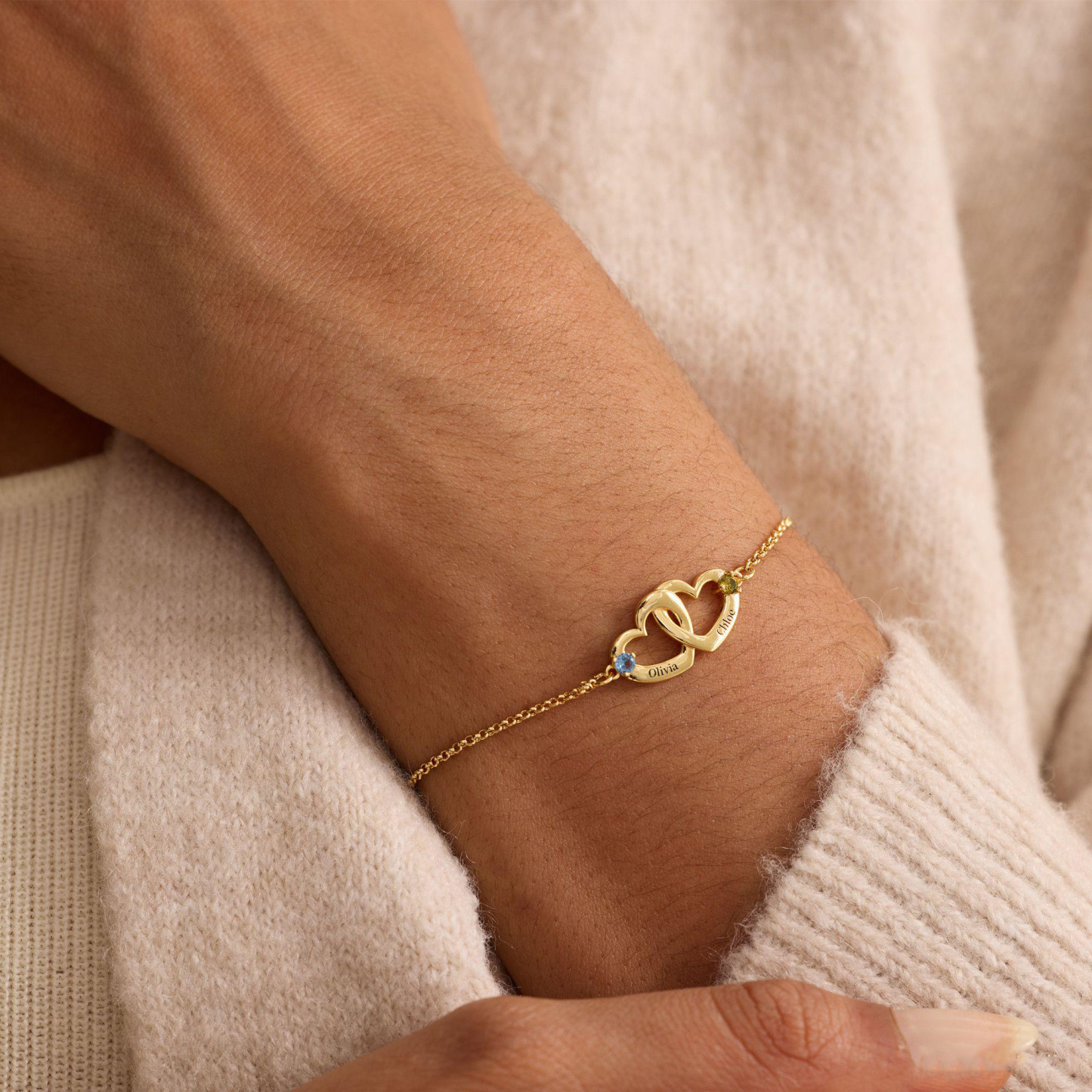 Personalisiertes Doppelherz-armband Mit Geburtssteingravur Und Ineinandergreifenden Herzen – Perfekt Für Paare Und Beste Freunde - namenecklacede