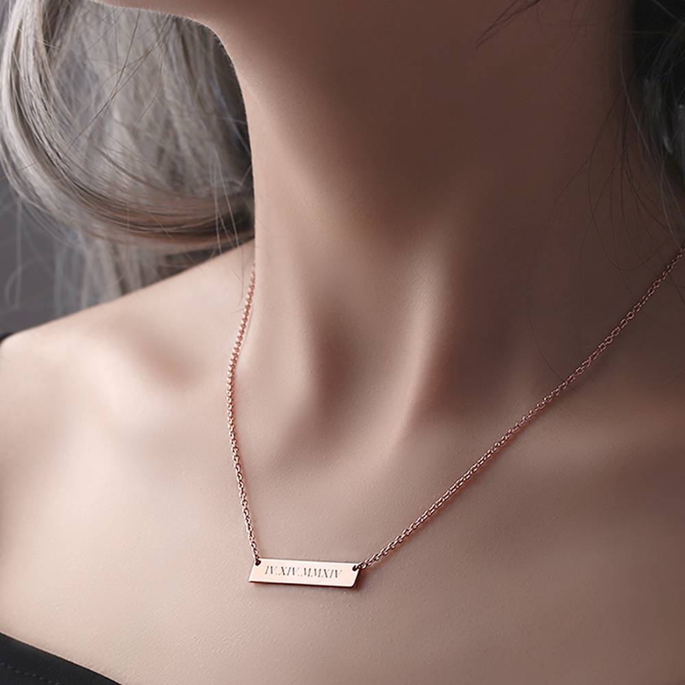 Engraved Roman Numeral Bar Necklace Rose Gold Plated Silver