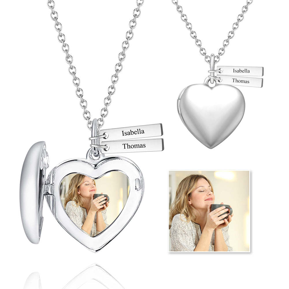 Heart Printing Photo Locket Necklace With Engraving Platinum Plated For Mom