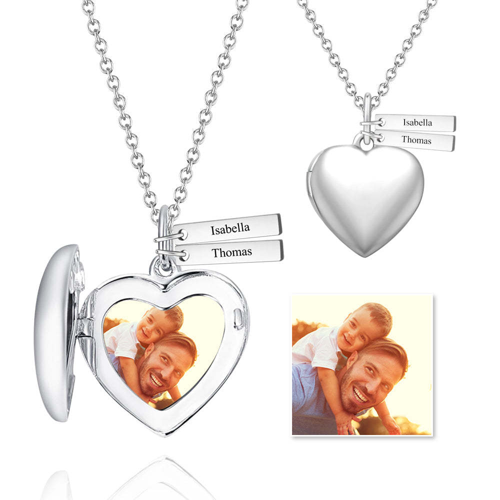Heart Printing Photo Locket Necklace With Engraving Platinum Plated For Mom