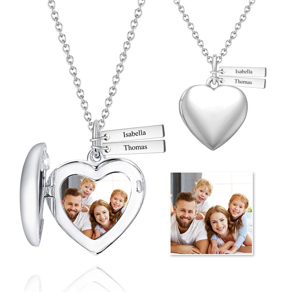 Heart Printing Photo Locket Necklace With Engraving Platinum Plated For Mom