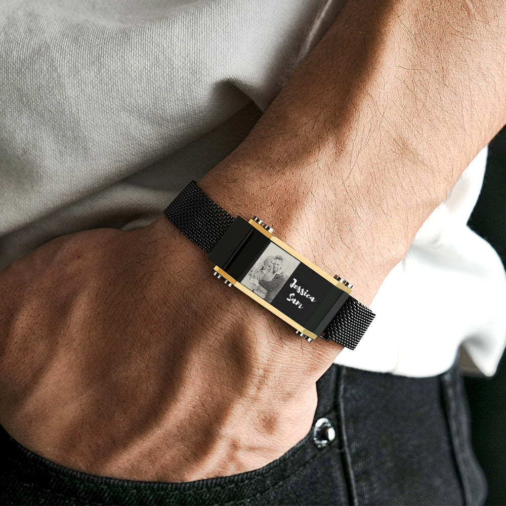Personalisiertes Foto-namensarmband, Trendiges, Verstellbares Armband Mit Magnetschnalle Für Männer - ihrenamenskettede