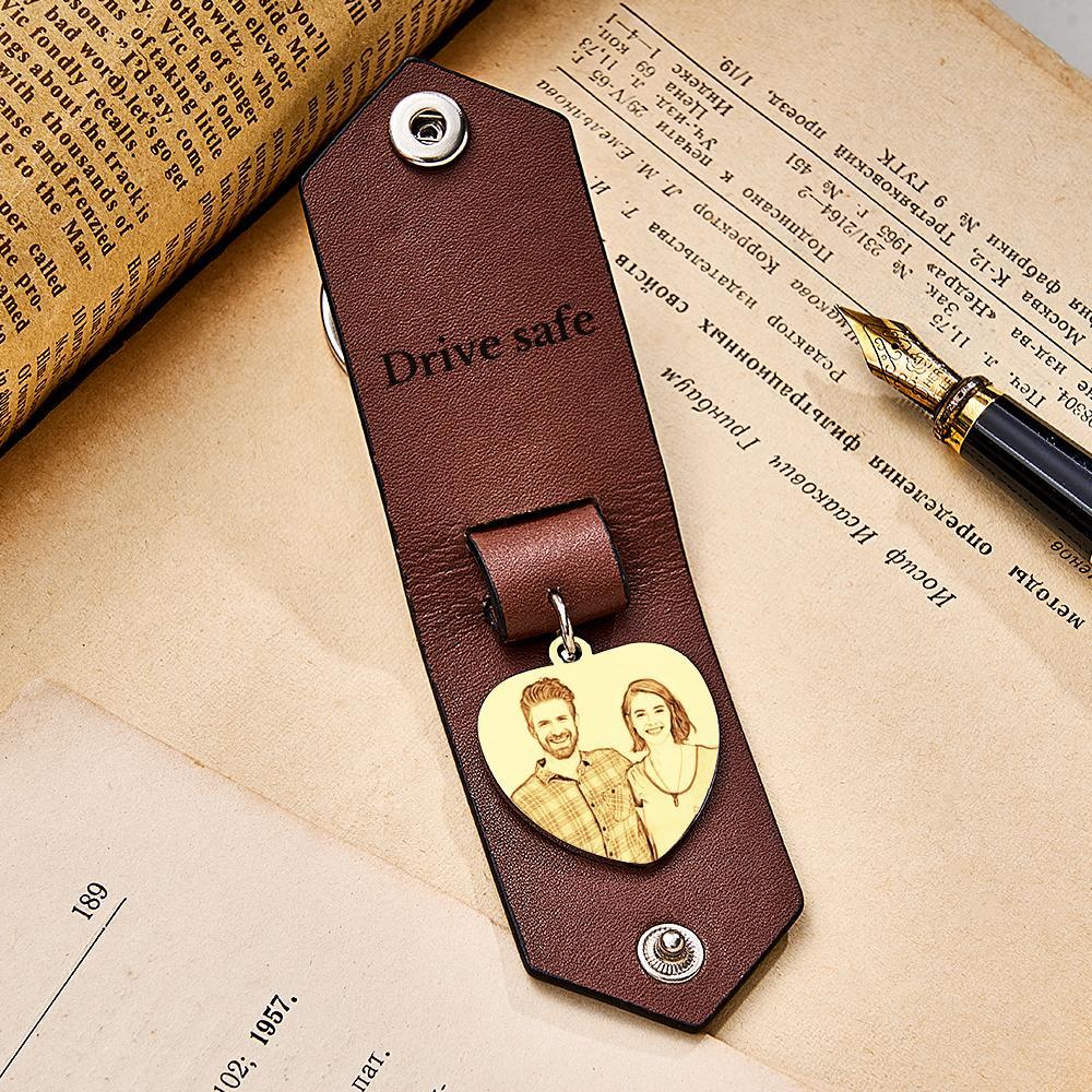 Personalisierter Herzförmiger Foto-schlüsselanhänger Aus Leder Mit Text, Jubiläumsgeschenke Für Männer - ihrenamenskettede