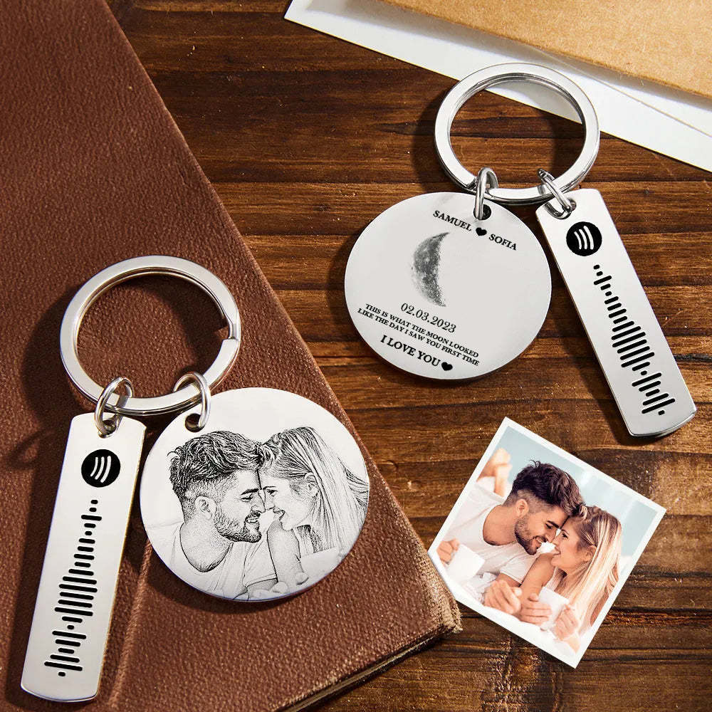 Benutzerdefinierter Mondphasen-schlüsselanhänger, Foto-spotify-schlüsselanhänger, Personalisierte Edelstahl-schlüsselanhänger, Valentinstagsgeschenk - ihrenamenskettede