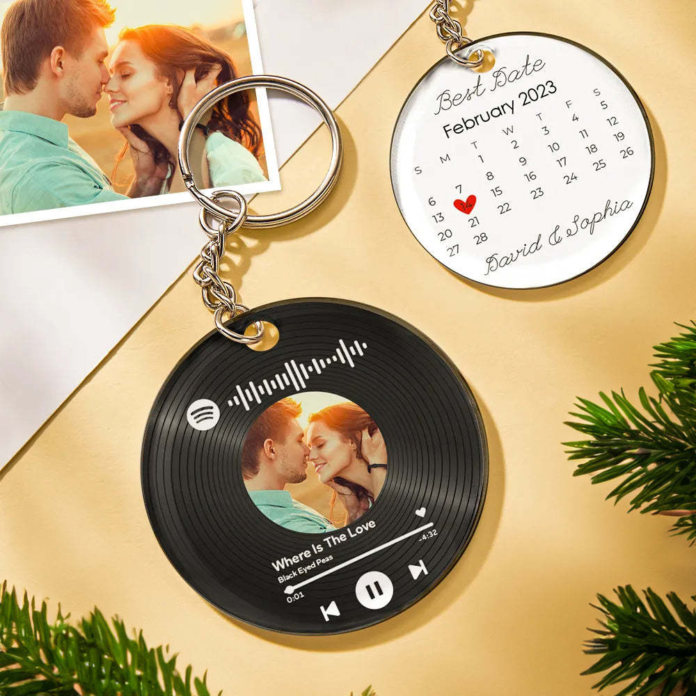 Benutzerdefinierter Foto- Und Datums-schlüsselanhänger, Kalender-schlüsselanhänger, Scannbarer Spotify-code-schlüsselanhänger, Jubiläumsgeschenk - ihrenamenskettede