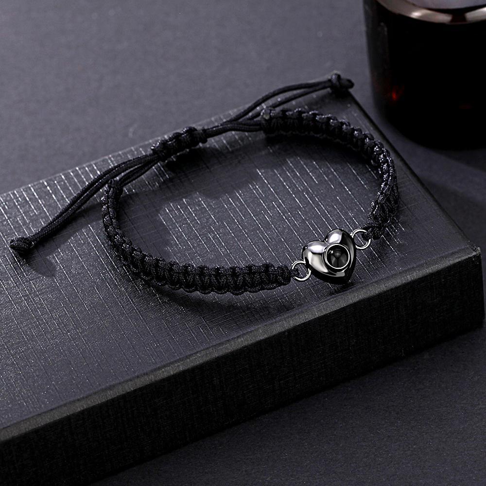 Benutzerdefiniertes, Schlichtes, Modisches Schwarzes Seil-armband Mit Bildprojektion In Herzform - ihrenamenskettede