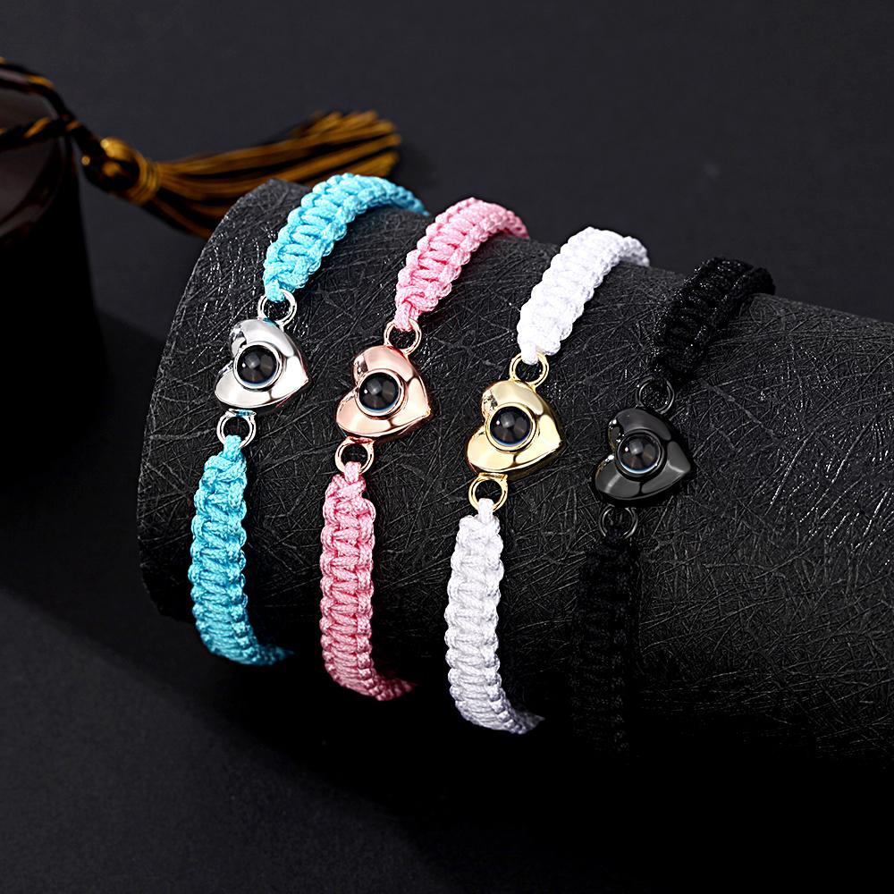 Benutzerdefiniertes, Schlichtes, Modisches Schwarzes Seil-armband Mit Bildprojektion In Herzform - ihrenamenskettede