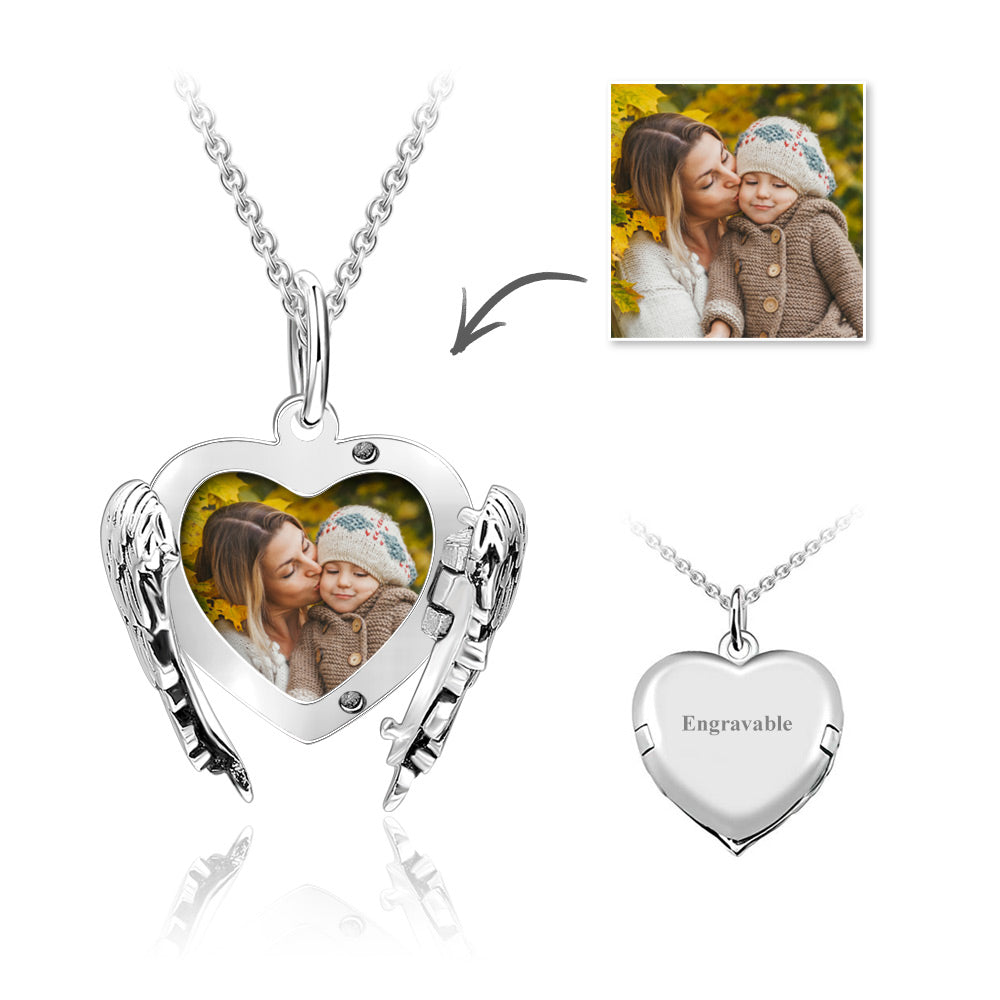 Gravierbare Foto Medaillon Halskette Personalisiert Herz Engelsflügel Sterling Silber für Mutter