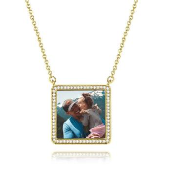 Foto Graviert Halskette Strass Kristall Quadratische Form Foto Halskette 14K Plated Gold Golden - Colorful