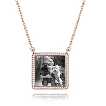 Foto Graviert Halskette Strass Kristall Quadratische Form Einzigartige Halskette Rose Gold Plattiert - Fotokopieren