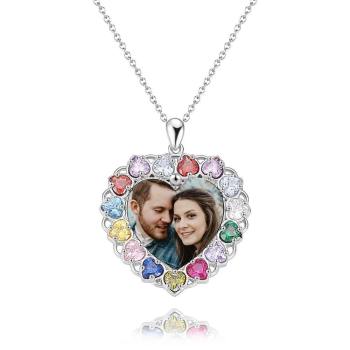 Foto Gravierte Halskette Strass Kristall Bunt, Herzförmig Foto Halskette Keepsake Geschenk Platin Plated Silber - Bunt