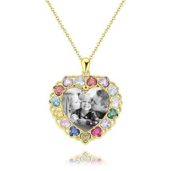 Foto Graviert Halskette Strass Kristall Bunt, Herzform Foto Halskette Bestes Geschenk 14K Plated Gold Golden - Fotokopieren