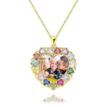 Foto Graviert Halskette Strass Kristall Bunt, Herzform Foto Halskette Keepsake Geschenk 14K Plated Gold Golden - Colorful