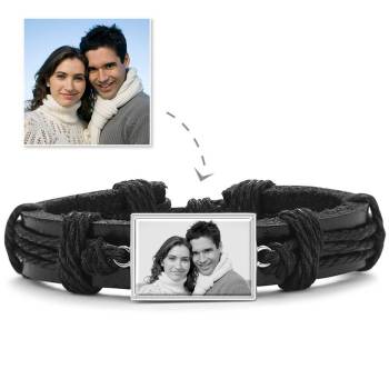 Photocopying Black Leather Square-shaped Photo Bracelet Silver Plated 