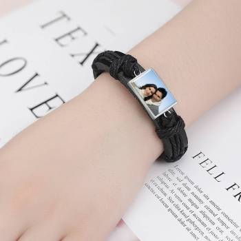Colorful Black Leather Square-shaped Photo Bracelet Silver Plated 