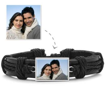 Colorful Black Leather Square-shaped Photo Bracelet Silver Plated 