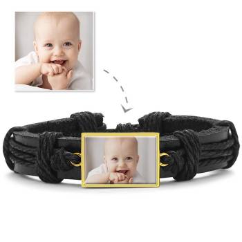 Colorful Black Leather Square-shaped Photo Bracelet 14K Gold Plated