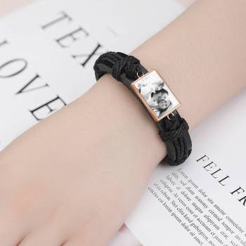 Photocopying Black Leather Square-shaped Photo Bracelet Rose Gold Plated 