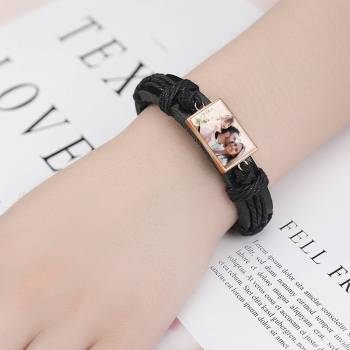 Colorful Black Leather Square-shaped Photo Bracelet Rose Gold Plated 
