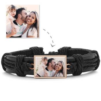 Colorful Black Leather Square-shaped Photo Bracelet Rose Gold Plated 