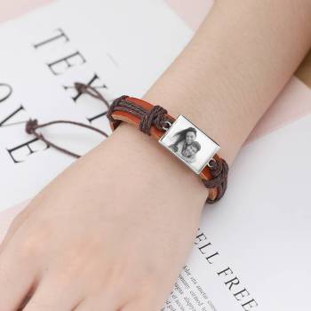 Photocopying Brown Leather Square-shaped Photo Bracelet Silver Plated 