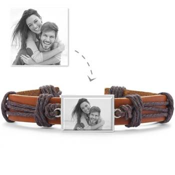 Photocopying Brown Leather Square-shaped Photo Bracelet Silver Plated 