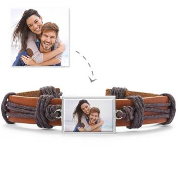 Colorful Brown Leather Square-shaped Photo Bracelet Silver Plated 