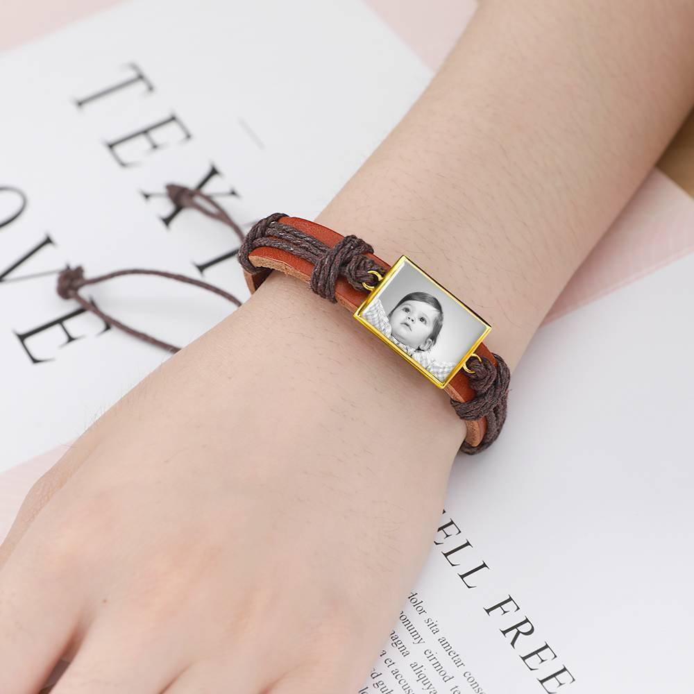 Photocopying Brown Leather Square-shaped Photo Bracelet 14K Gold Plated